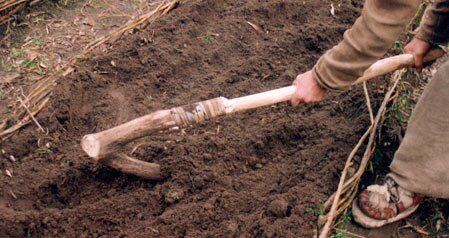 Het land bewerken met een houten hak. Foto genomen tijdens het leefexperiment "Twee manen lang".